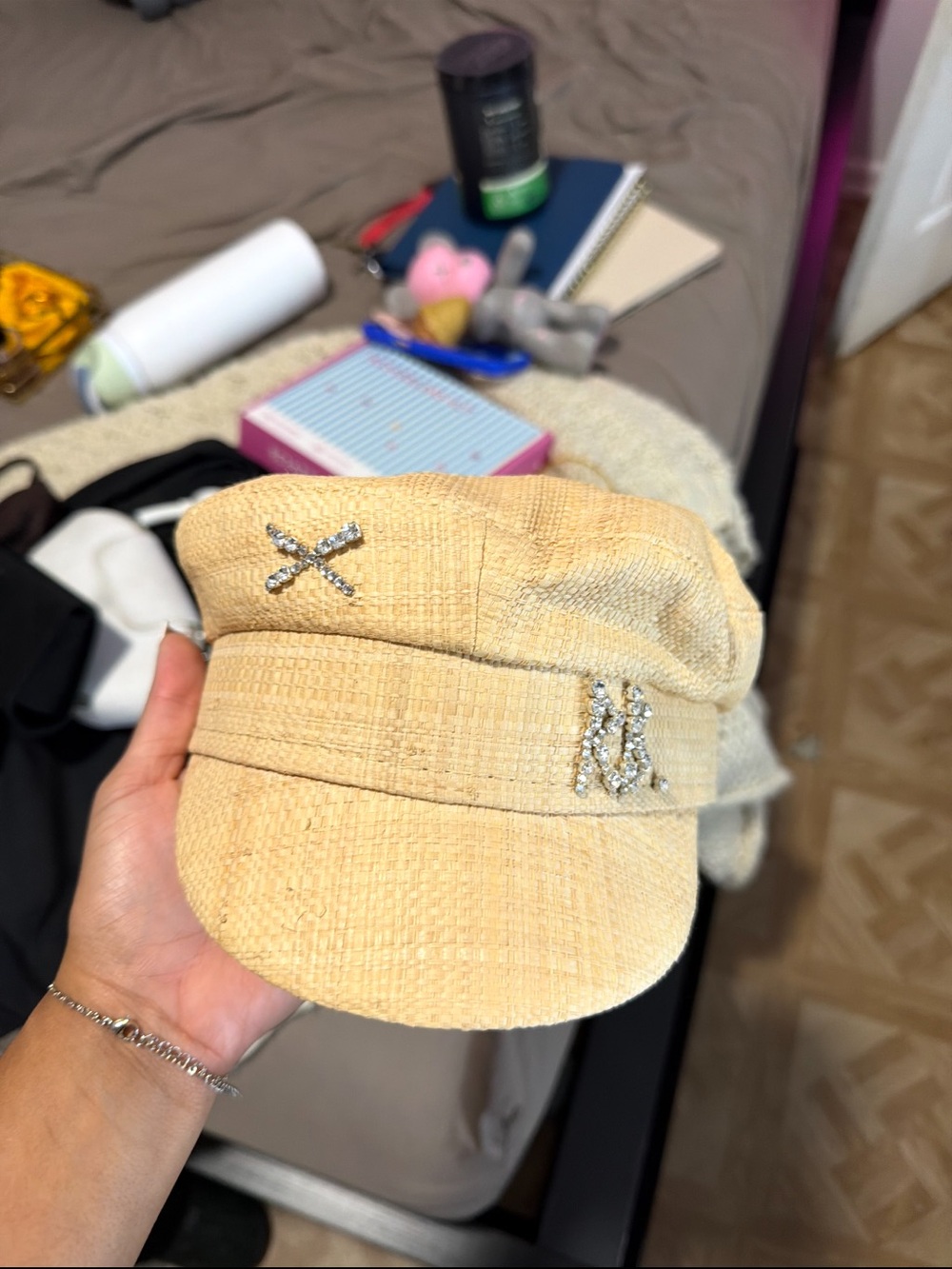 Ruslan Baginskiy hat Beige Women's Baker Boy Cap with Crystal Accents